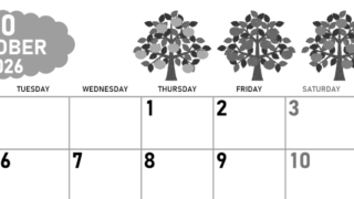 2026年10月横型モノクロの月曜始まり リンゴの木イラストのかわいいA4無料白黒カレンダー(2026-00421001)