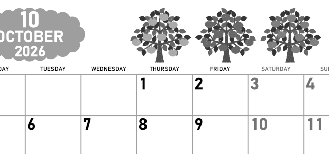 2026年10月横型モノクロの月曜始まり リンゴの木イラストのかわいいA4無料白黒カレンダー(2026-00421001)