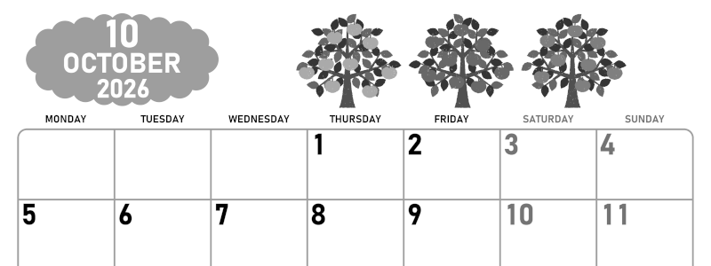 2026年10月横型モノクロの月曜始まり リンゴの木イラストのかわいいA4無料白黒カレンダー(2026-00421001)