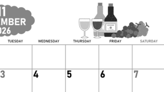 2026年11月横型モノクロの月曜始まり ぶどうイラストのかわいいA4無料白黒カレンダー(2026-00421101)