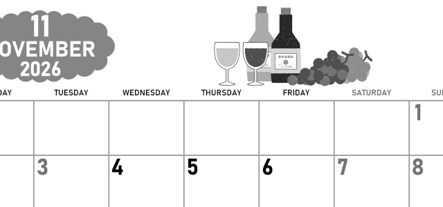 2026年11月横型モノクロの月曜始まり ぶどうイラストのかわいいA4無料白黒カレンダー(2026-00421101)