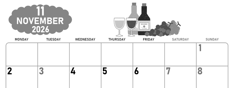 2026年11月横型モノクロの月曜始まり ぶどうイラストのかわいいA4無料白黒カレンダー(2026-00421101)