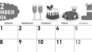 2026年12月横型モノクロの月曜始まり 御馳走イラストのかわいいA4無料白黒カレンダー(2026-00421201)