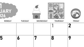 2026年1月横型モノクロの日曜始まり お節イラストのかわいいA4無料白黒カレンダー(2026-00420100)