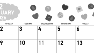 2026年2月横型モノクロの日曜始まり チョコのイラストがかわいいA4無料白黒カレンダー(2026-00420200)