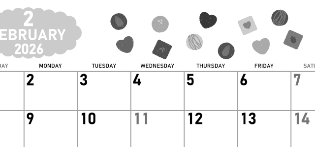 2026年2月横型モノクロの日曜始まり チョコのイラストがかわいいA4無料白黒カレンダー(2026-00420200)