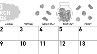 2026年3月横型モノクロの日曜始まり 果物イラストのかわいいA4無料白黒カレンダー(2026-00420300)