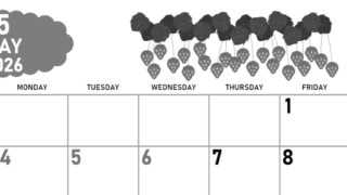 2026年5月横型モノクロの日曜始まり いちごイラストのかわいいA4無料白黒カレンダー(2026-00420500)