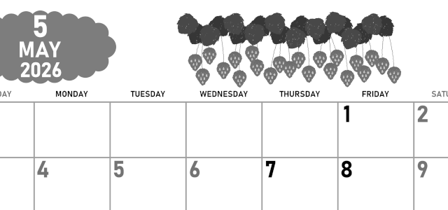 2026年5月横型モノクロの日曜始まり いちごイラストのかわいいA4無料白黒カレンダー(2026-00420500)