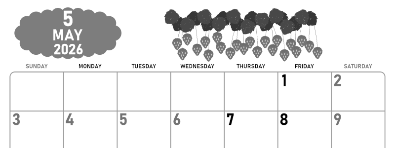2026年5月横型モノクロの日曜始まり いちごイラストのかわいいA4無料白黒カレンダー(2026-00420500)