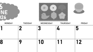 2026年6月横型モノクロの日曜始まり 和菓子イラストのかわいいA4無料白黒カレンダー(2026-00420600)