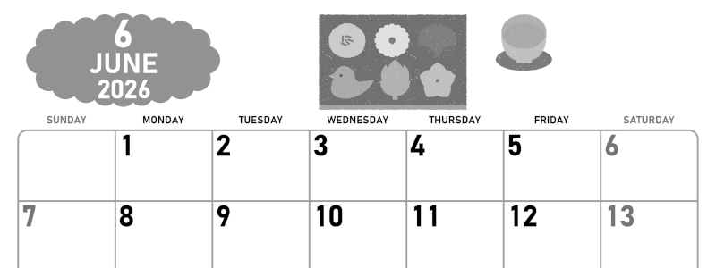 2026年6月横型モノクロの日曜始まり 和菓子イラストのかわいいA4無料白黒カレンダー(2026-00420600)