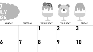 2026年7月横型モノクロの日曜始まり かき氷イラストのかわいいA4無料白黒カレンダー(2026-00420700)