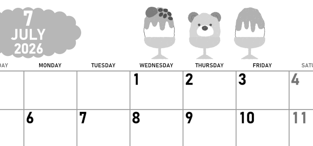 2026年7月横型モノクロの日曜始まり かき氷イラストのかわいいA4無料白黒カレンダー(2026-00420700)