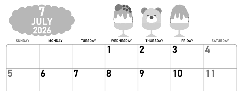 2026年7月横型モノクロの日曜始まり かき氷イラストのかわいいA4無料白黒カレンダー(2026-00420700)