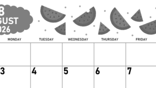 2026年8月横型モノクロの日曜始まり 季節の果物イラストのかわいいA4無料白黒カレンダー(2026-00420800)