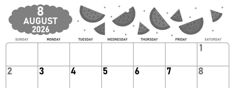 2026年8月横型モノクロの日曜始まり 季節の果物イラストのかわいいA4無料白黒カレンダー(2026-00420800)