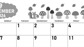 2026年9月横型モノクロの日曜始まり 秋の季節イラストがかわいいA4無料白黒カレンダー(2026-00420900)