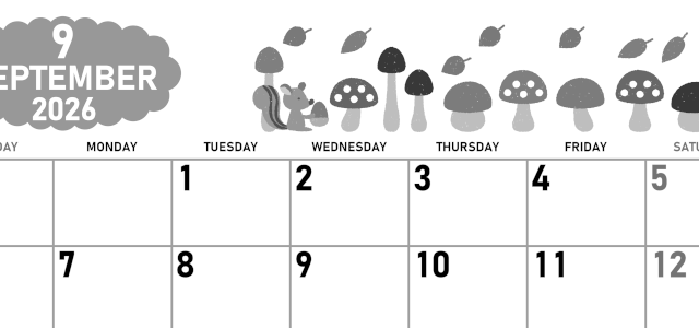 2026年9月横型モノクロの日曜始まり 秋の季節イラストがかわいいA4無料白黒カレンダー(2026-00420900)