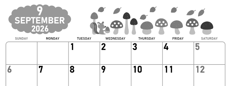 2026年9月横型モノクロの日曜始まり 秋の季節イラストがかわいいA4無料白黒カレンダー(2026-00420900)