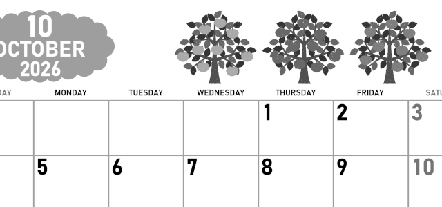 2026年10月横型モノクロの日曜始まり リンゴの木イラストのかわいいA4無料白黒カレンダー(2026-00421000)