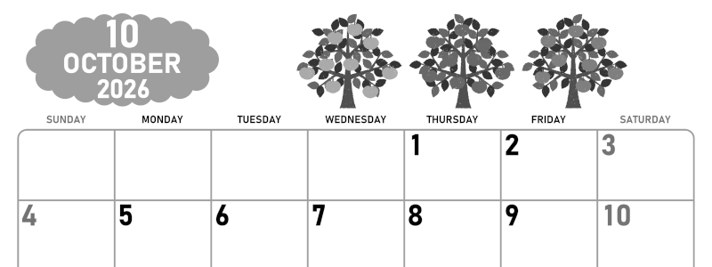 2026年10月横型モノクロの日曜始まり リンゴの木イラストのかわいいA4無料白黒カレンダー(2026-00421000)