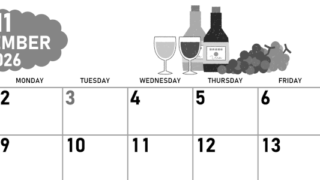 2026年11月横型モノクロの日曜始まり ぶどうイラストのかわいいA4無料白黒カレンダー(2026-00421100)