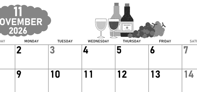 2026年11月横型モノクロの日曜始まり ぶどうイラストのかわいいA4無料白黒カレンダー(2026-00421100)