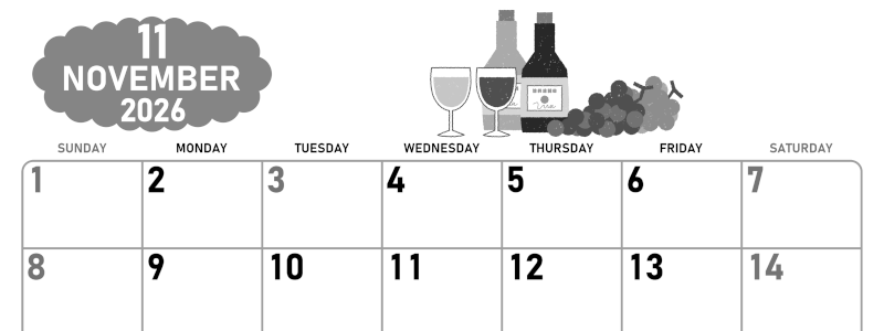 2026年11月横型モノクロの日曜始まり ぶどうイラストのかわいいA4無料白黒カレンダー(2026-00421100)