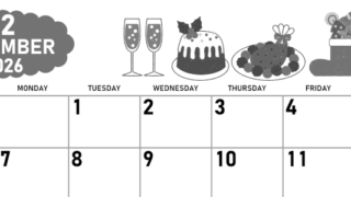 2026年12月横型モノクロの日曜始まり 御馳走イラストのかわいいA4無料白黒カレンダー(2026-00421200)