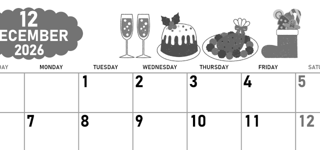 2026年12月横型モノクロの日曜始まり 御馳走イラストのかわいいA4無料白黒カレンダー(2026-00421200)