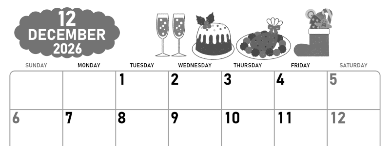 2026年12月横型モノクロの日曜始まり 御馳走イラストのかわいいA4無料白黒カレンダー(2026-00421200)