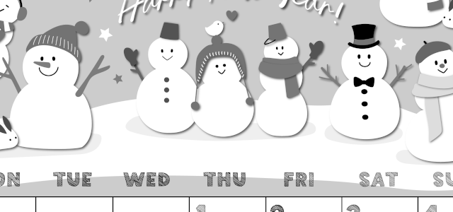 2026年1月縦型モノクロの月曜始まり スノーマンイラストのかわいいA4無料白黒カレンダー(2026-00430111)