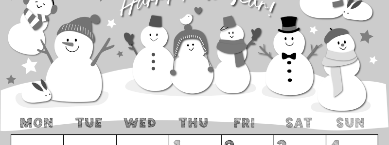 2026年1月縦型モノクロの月曜始まり スノーマンイラストのかわいいA4無料白黒カレンダー(2026-00430111)
