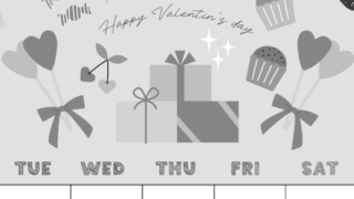 2026年2月縦型モノクロの月曜始まり かわいいバレンタインイラストA4無料白黒カレンダー(2026-00430211)