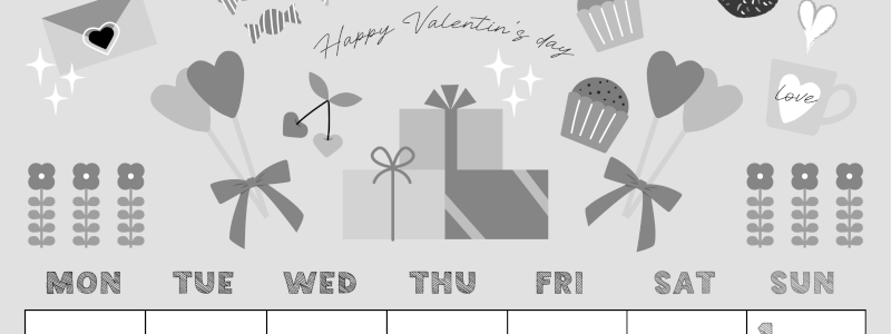 2026年2月縦型モノクロの月曜始まり かわいいバレンタインイラストA4無料白黒カレンダー(2026-00430211)