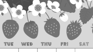 2026年3月縦型モノクロの月曜始まり 苺花イラストのかわいいA4無料白黒カレンダー(2026-00430311)