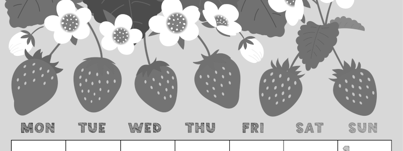 2026年3月縦型モノクロの月曜始まり 苺花イラストのかわいいA4無料白黒カレンダー(2026-00430311)