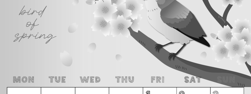 2026年5月縦型モノクロの月曜始まり 鶯と桜イラストのかわいいA4無料白黒カレンダー(2026-00430511)