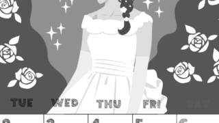 2026年6月縦型モノクロの月曜始まり 白薔薇イラストのかわいいA4無料白黒カレンダー(2026-00430611)