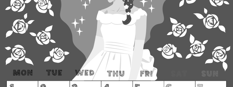 2026年6月縦型モノクロの月曜始まり 白薔薇イラストのかわいいA4無料白黒カレンダー(2026-00430611)