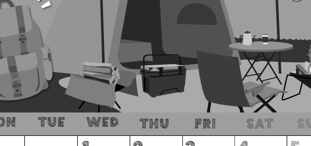 2026年7月縦型モノクロの月曜始まり 夏休みイラストのかわいいA4無料白黒カレンダー(2026-00430711)