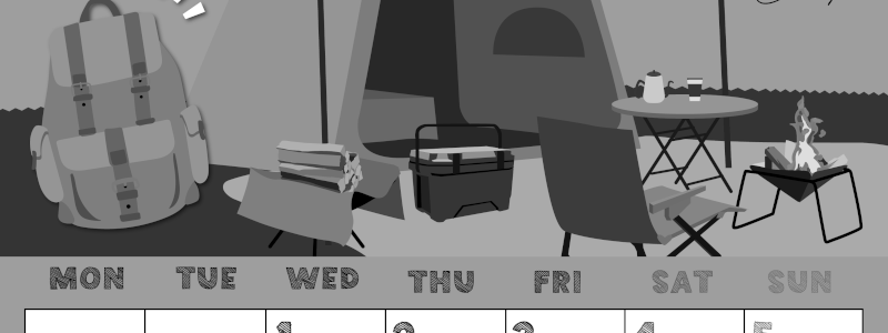 2026年7月縦型モノクロの月曜始まり 夏休みイラストのかわいいA4無料白黒カレンダー(2026-00430711)