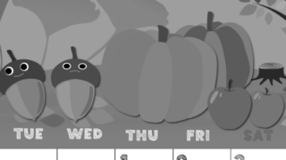 2026年10月縦型モノクロの月曜始まり 秋の季節イラストのかわいいA4無料白黒カレンダー(2026-00431011)