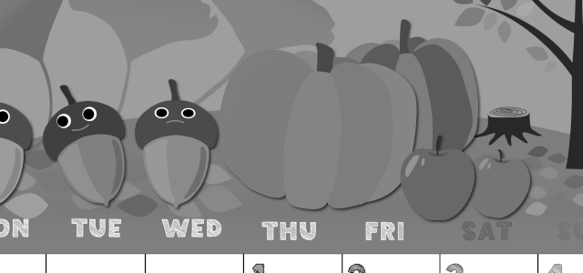 2026年10月縦型モノクロの月曜始まり 秋の季節イラストのかわいいA4無料白黒カレンダー(2026-00431011)