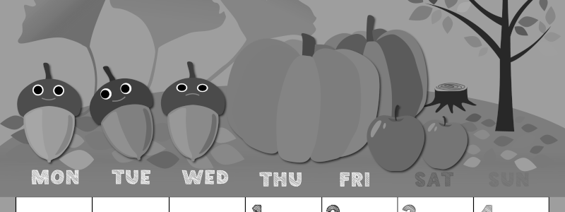 2026年10月縦型モノクロの月曜始まり 秋の季節イラストのかわいいA4無料白黒カレンダー(2026-00431011)