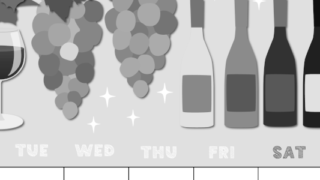 2026年11月縦型モノクロの月曜始まり 赤白ワインのかわいいイラストA4無料白黒カレンダー(2026-00431111)