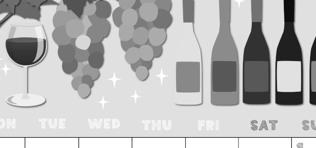 2026年11月縦型モノクロの月曜始まり 赤白ワインのかわいいイラストA4無料白黒カレンダー(2026-00431111)