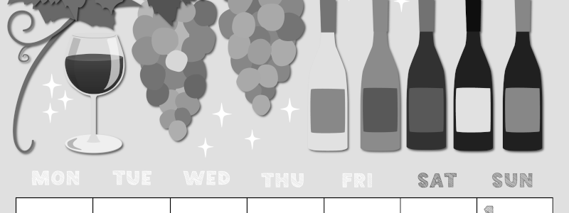 2026年11月縦型モノクロの月曜始まり 赤白ワインのかわいいイラストA4無料白黒カレンダー(2026-00431111)