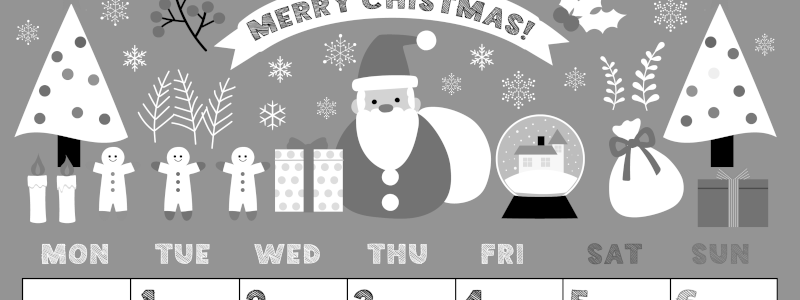 2026年12月縦型モノクロの月曜始まり 季節の行事イラストがかわいいA4無料白黒カレンダー(2026-00431211)